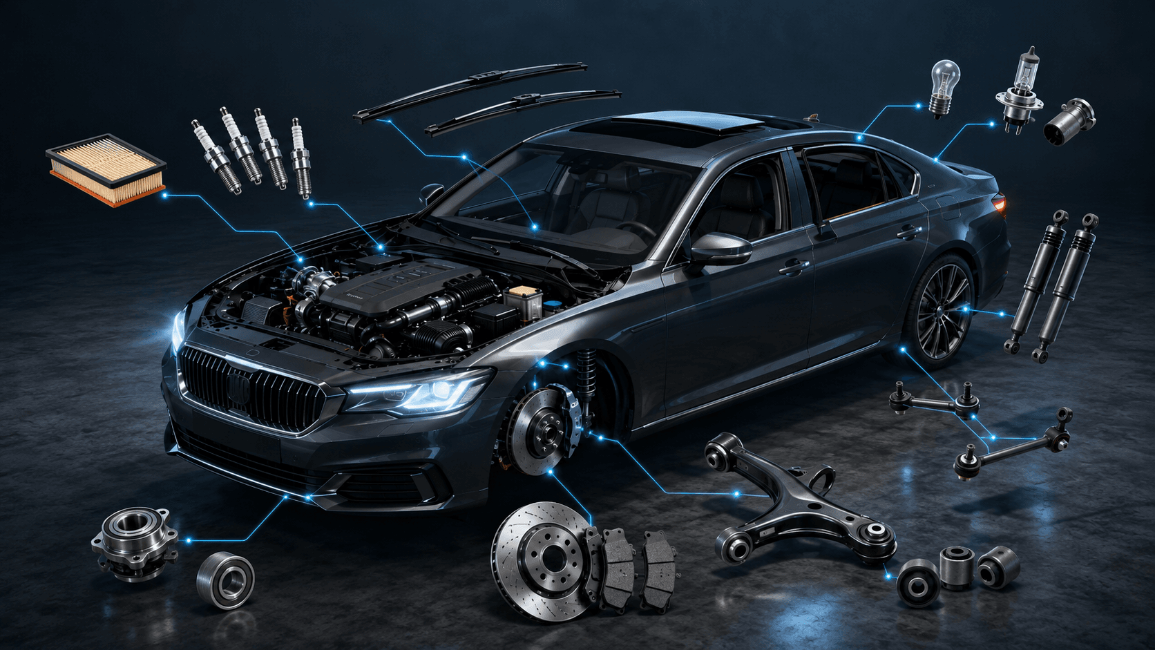 Carro com componentes automotivos ao redor